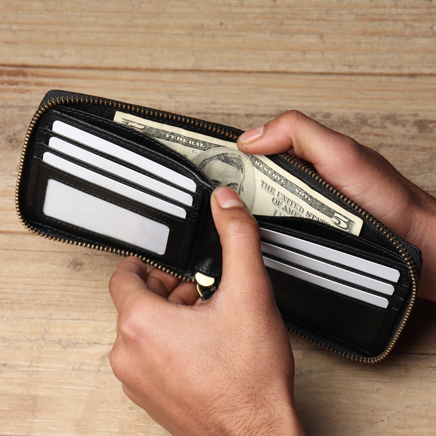 Bifold Zipper Wallet with Detachable Card Case