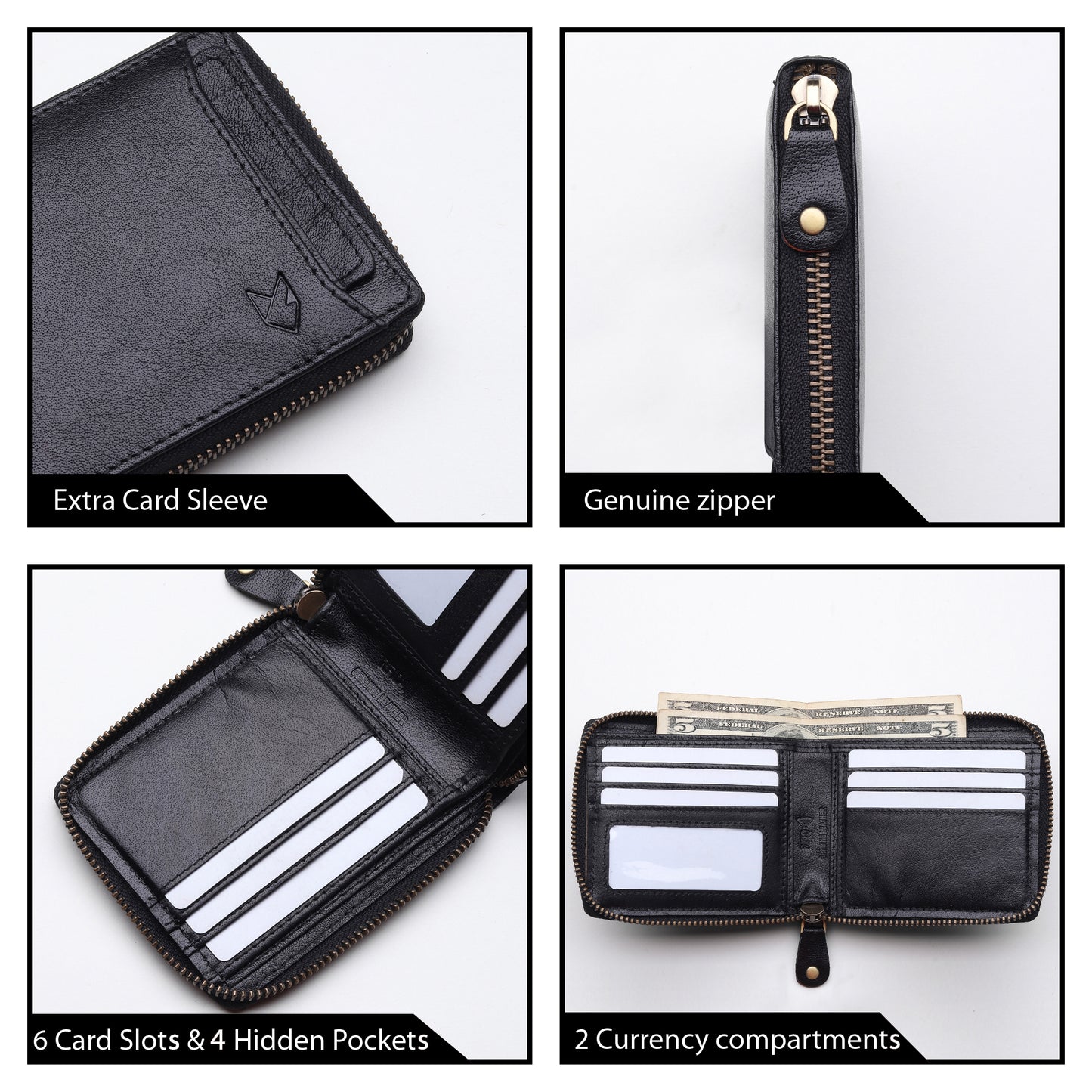 Bifold Zipper Wallet with Detachable Card Case